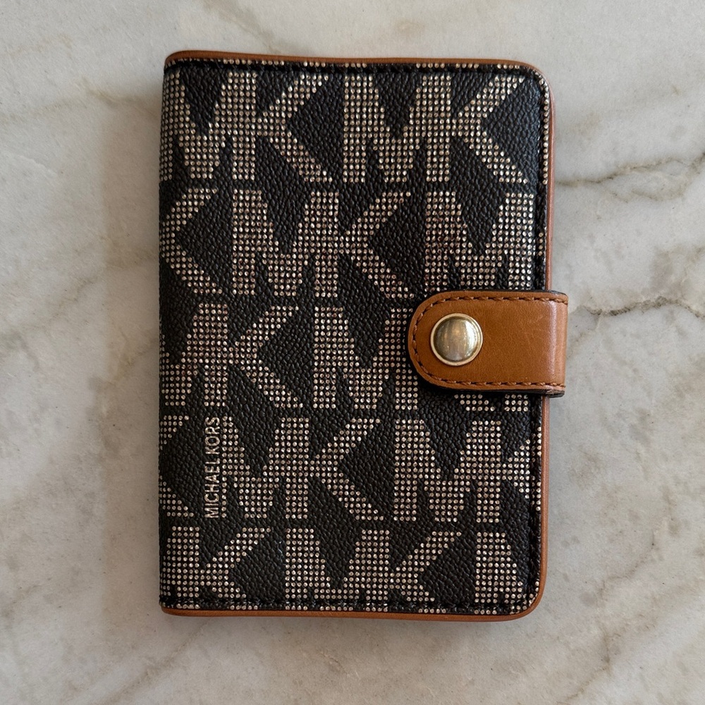 Michael Kors Monogram Black and Brown Passport Holder Wallet